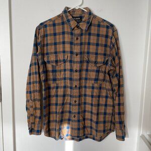 Filson Cotton Flannel Plaid Button Down Shirt Camel Brown and Blue Size Small